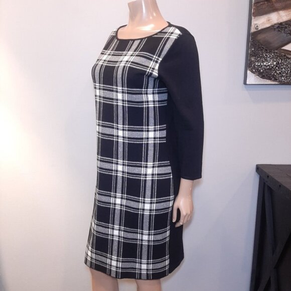 Chaps Plaid Sweater Dress Black 3/4 Sleeve Sheath Winter Stretch Womens Large - Picture 4 of 11